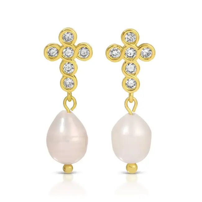CZ Cross Pearl Drop Earrings