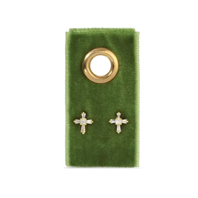 Baguette Cross Studs On Velvet Gift Tag