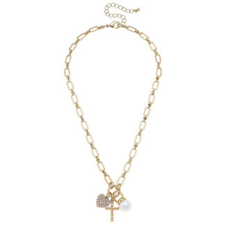 Poppy Beaded Cross & Pearl Charm Necklace - Shiny Gold