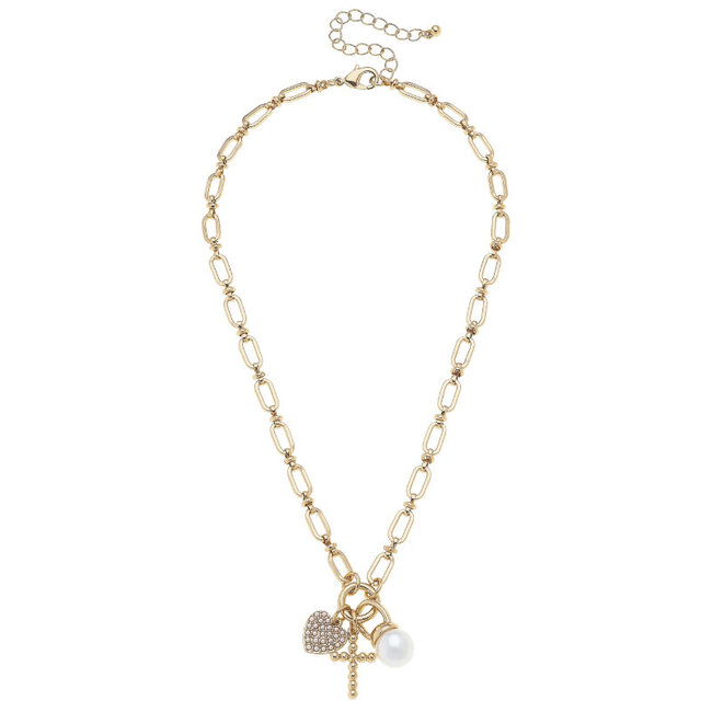 Poppy Beaded Cross & Pearl Charm Necklace - Shiny Gold