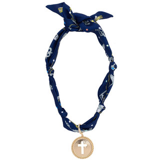 Elodie Cross Coin Twilly Scarf Necklace in Navy