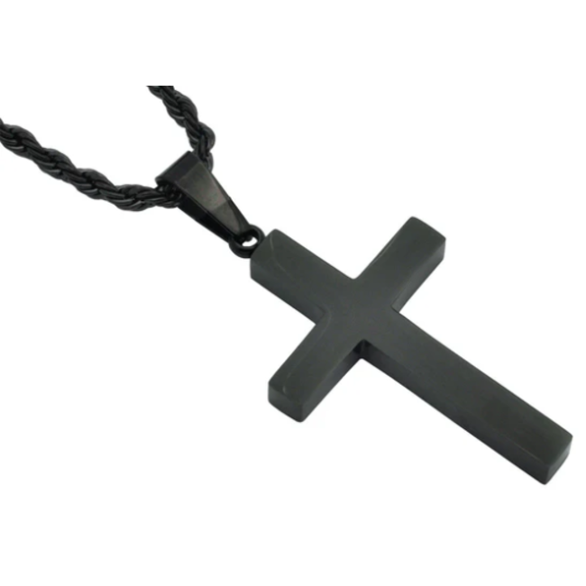 Men's Stainless Steel Black Plated Cross Necklace with 24" Rope Chain