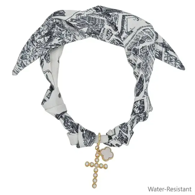 Black and White Scarf Necklace with Cross and Pearlized Clover Charm with Water-Resistant Earrings