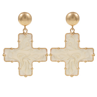 Dome & Decorated Marble Cross Brass Drop Earrings - Ivory