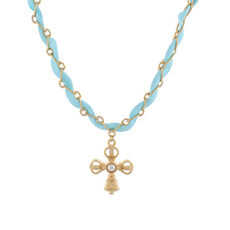 Byzantine Cross Ribbon Choker - Lt.Blue/Gold