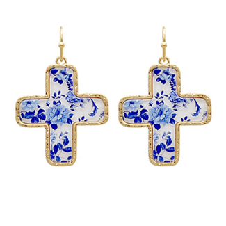 Cross Blue Flower Printed Drop Earrings - Blue/Vintage Gold