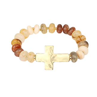 Marble Bead Cross Charm Bracelet - Beige/Gold