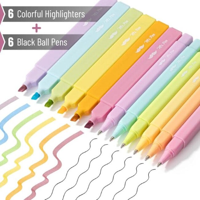 Aesthetic Highlighters and Pens No Bleed, 12 Pack, Pastel