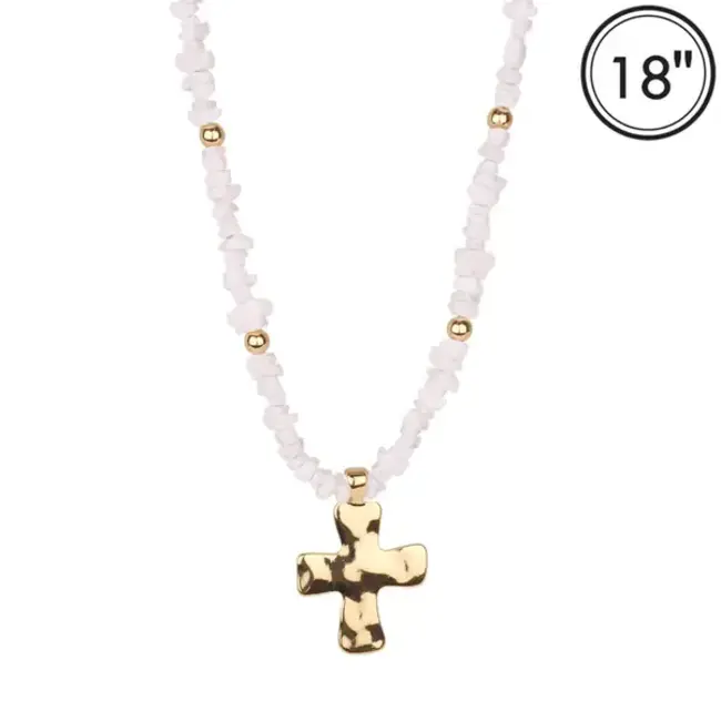 White Natural Stone with Shiny Gold Cross 16"-18" Necklace