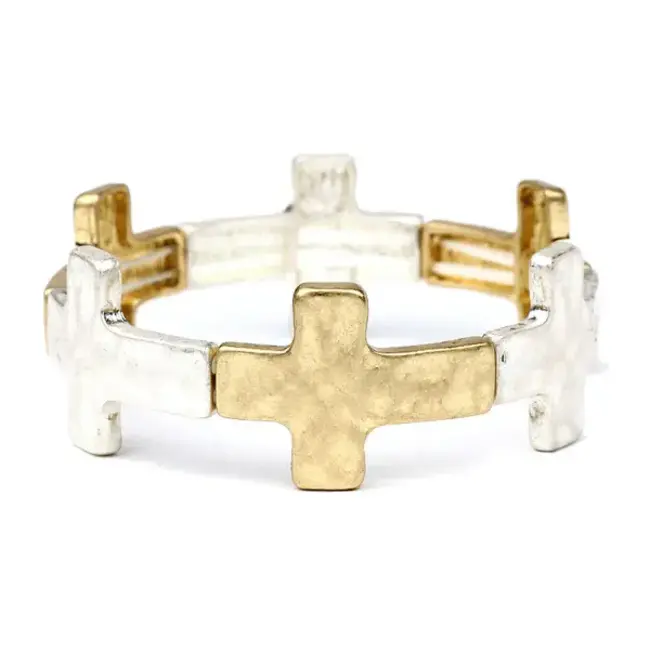 Worn Gold and Silver Cross Stretch Bracelet