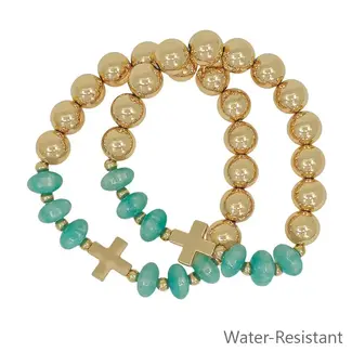 Water resistant Set of 2 Gold Beaded with Mint Crystals and Gold Cross Stretch Bracelets