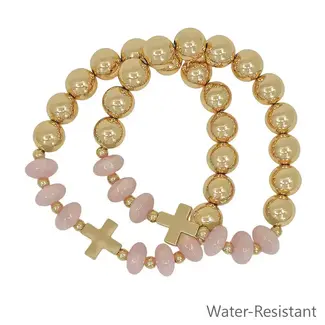 Water resistant Set of 2 Gold Beaded with Pink Crystals and Gold Cross Stretch Bracelets