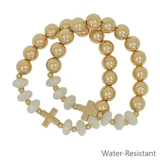 Water resistant Set of 2 Gold Beaded with White Crystals and Gold Cross Stretch Bracelets