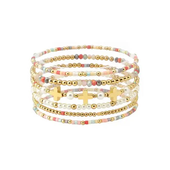 Set of 5 Gold Beaded with Multi Seed Bead and Gold Cross Stretch Bracelets
