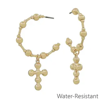 Gold Beaded Hoop with Cross Drop 1.25" Earring