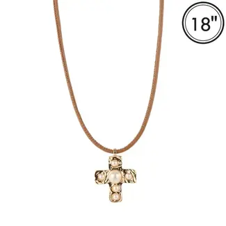 Brown Leather Cord with Pearl Studded Cross Charm 16"-18" Necklace