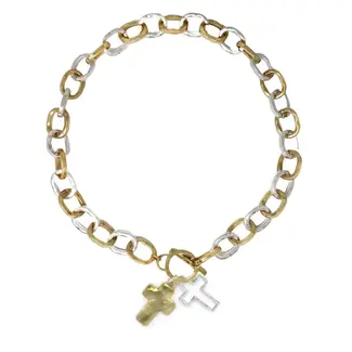 Worn Silver and Gold with Double Cross Charms 18" Necklace