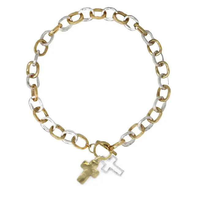 Worn Silver and Gold with Double Cross Charms 18" Necklace