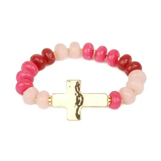Hot and Light Pink Beaded Stretch Bracelets with Hammered Cross