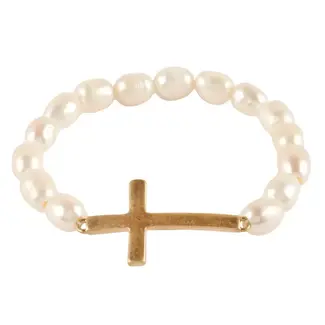 Freshwater Pearl Stretch Bracelet with Gold Cross