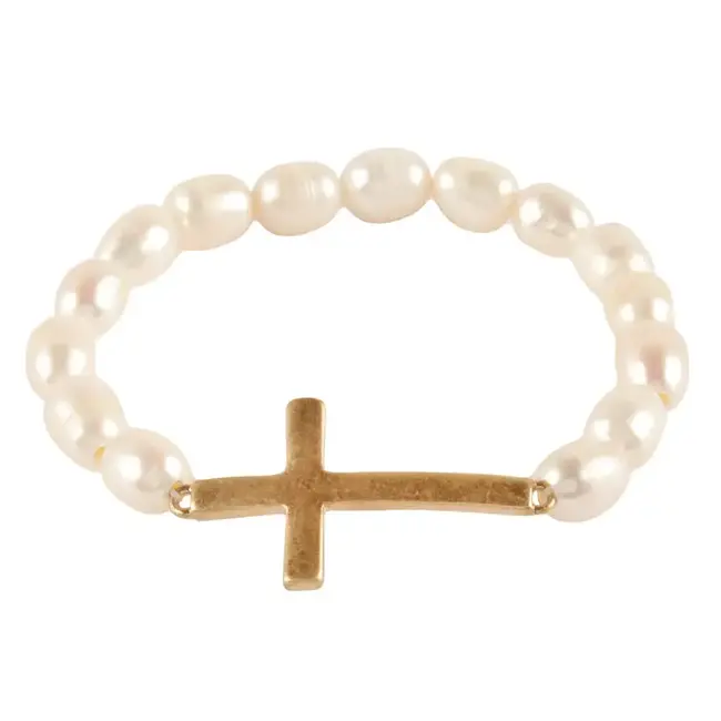 Freshwater Pearl Stretch Bracelet with Gold Cross