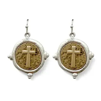 Silver Hammered Circle with Gold Cross Drop Earring