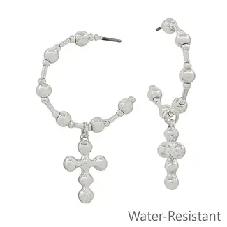 Silver Beaded Hoop with Cross Drop Earrings