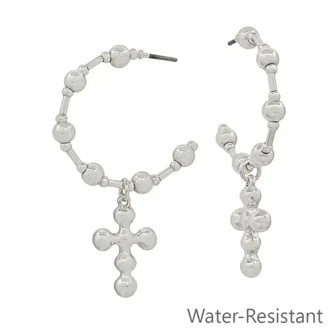 Silver Beaded Hoop with Cross Drop Earrings