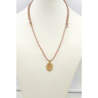 Pink Cord with Cross Stamped Oval Charm Necklace