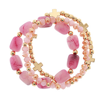 3 Row Cross & Marble Stone Bracelet - Pink/Multi