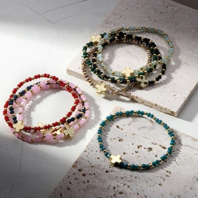 Assorted Crystal Stretch Bracelets with Single Cross