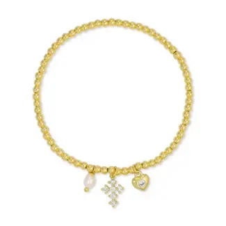 Gold Cross and Heart Charm Beaded Stretch Bracelet
