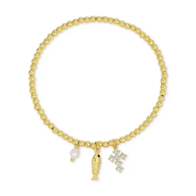 Gold Fish and Cross Charm Beaded Stretch Bracelet