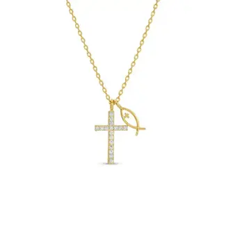 Cubic Zirconia Cross Necklace with Ichthus Fish Charm-gold