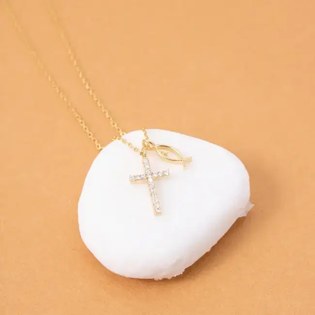 Cubic Zirconia Cross Necklace with Ichthus Fish Charm-gold
