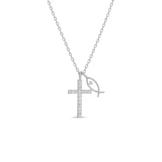 Cubic Zirconia Cross Necklace with Ichthus Fish Charm- Silver