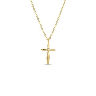 Petite Cross Necklace with Sparkling Cubic Zirconia Center-Gold