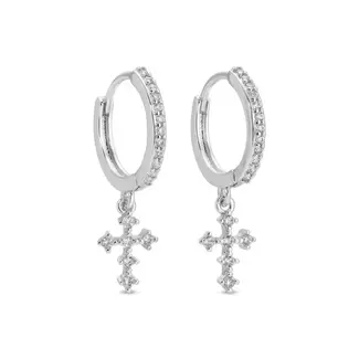 Sparkly Cross Drop Huggies- Silver