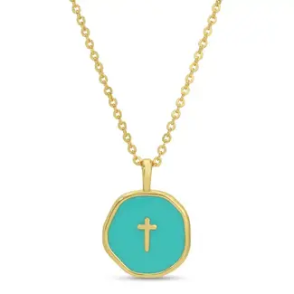 Minimal Cross Medallion Necklace-Aqua