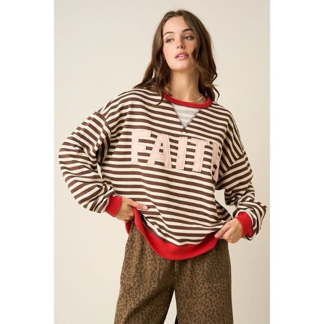 Faith Patchwork Striped Long Sleeve Sweatshirt - Brown