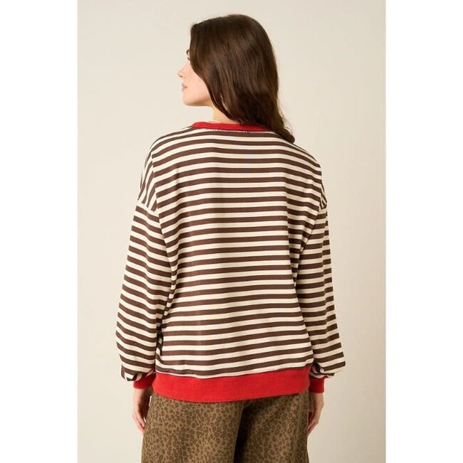 Faith Patchwork Striped Long Sleeve Sweatshirt - Brown