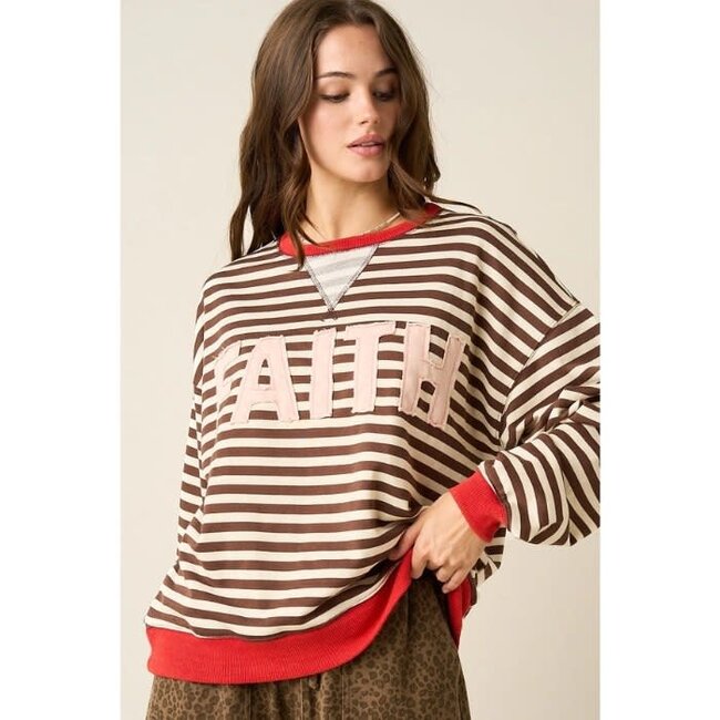 Faith Patchwork Striped Long Sleeve Sweatshirt - Brown