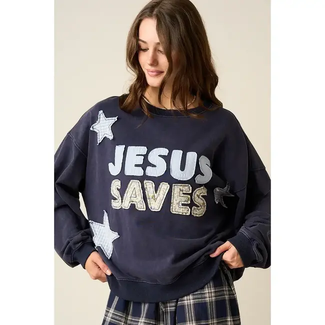Jesus Saves Patchwork Crew Neck Sweatshirt