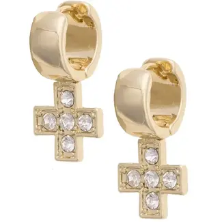 Theodora Rhinestone Cross Chunky Hoop Earrings in Shiny Gold