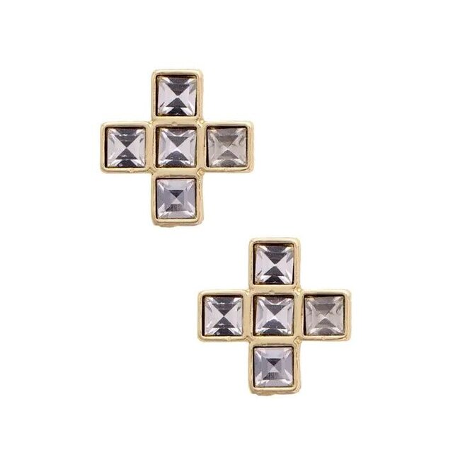 Theodora Rhinestone Cross Stud Earrings in Shiny Gold