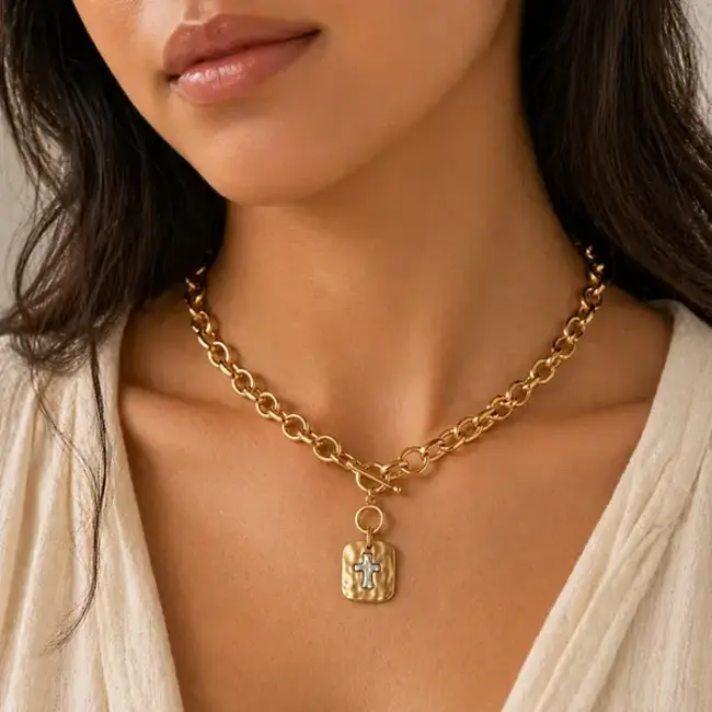 Two Tone Cross Shield 16"-18" Necklace