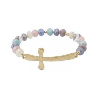 Light Multi Crystal with Gold Cross Stretch Bracelet