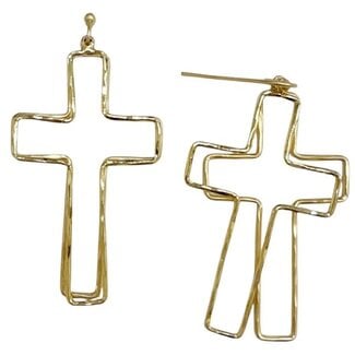 Gold Thin Double Layered Open Cross 2" Earring
