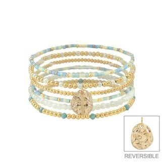 Set of 6 Turquoise Seed Bead, Pearl, and Gold Beaded with Cross Charm Stretch Bracelet