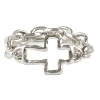 Worn Silver Linked Stretch Bracelet with Cross